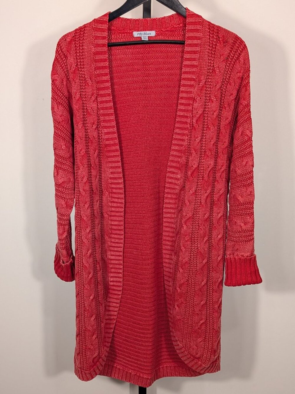 PBJ Blues Sunwashed Red Longline Cable Knit Cardigan | Sz M